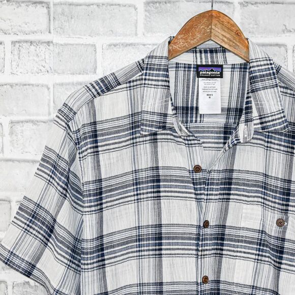 Patagonia Men's Organic cotton short sleeve button up shirt crinkle plaid sz M - Picture 6 of 6